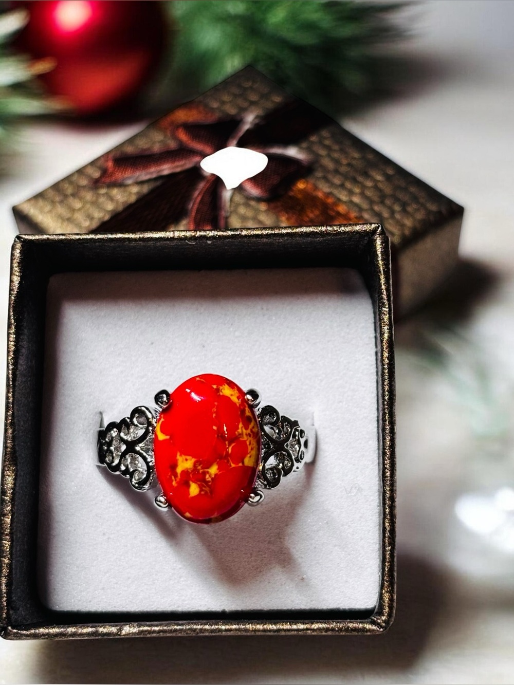 Red Dragon Vein Jasper Style Silver Ring Sz 10.5